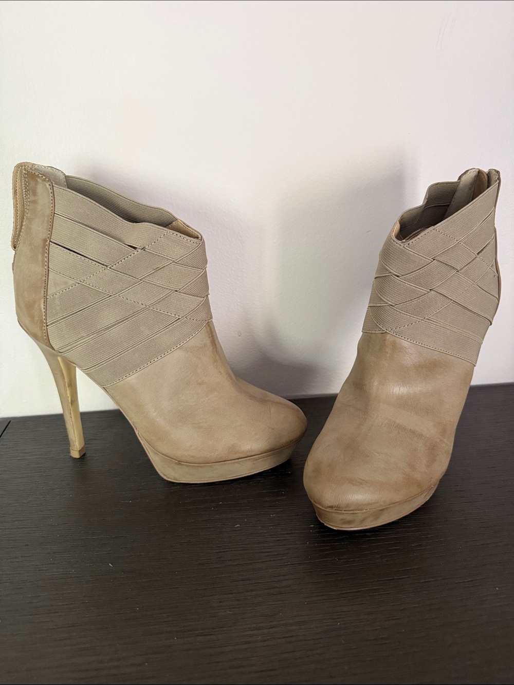 Colin Stuart Taupe Woven Ankle High Heel Booties